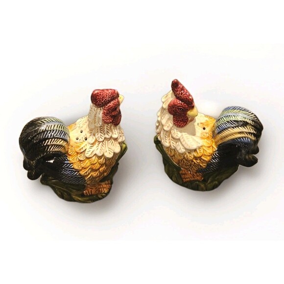 🧂 Vintage Jay Imports Glazed Ceramic Farmhouse Roosters Salt/Pepper Shaker Set - Picture 6 of 8